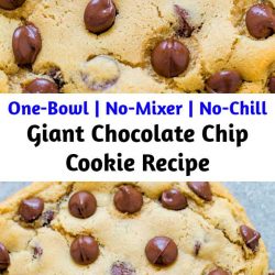 Giant Chocolate Chip Cookie Recipe An incredibly FAST and EASY recipe that produces one GIANT soft and chewy cookie that’s loaded with chocolate!! One bowl to wash, no mixer, and no waiting!!