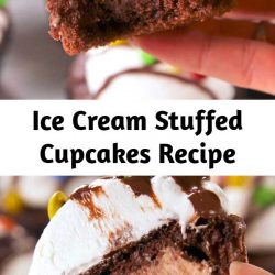 Ice Cream Stuffed Cupcakes Recipe Cupcakes and ice cream all in one! It's easy to fill your favorite cupcakes with your favorite ice cream to make one easy to serve and eat party treat. The method is super easy - and the options for flavor combinations are endless! Nothing beats ice cream and cake. #easyrecipe #baking #cupcakes #dessert #icecream